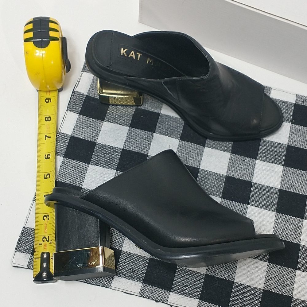 Kat Maconie Womens Sandal Block Heels Shoes Black Leather Slip On Peep Toe 8 - Picture 9 of 10